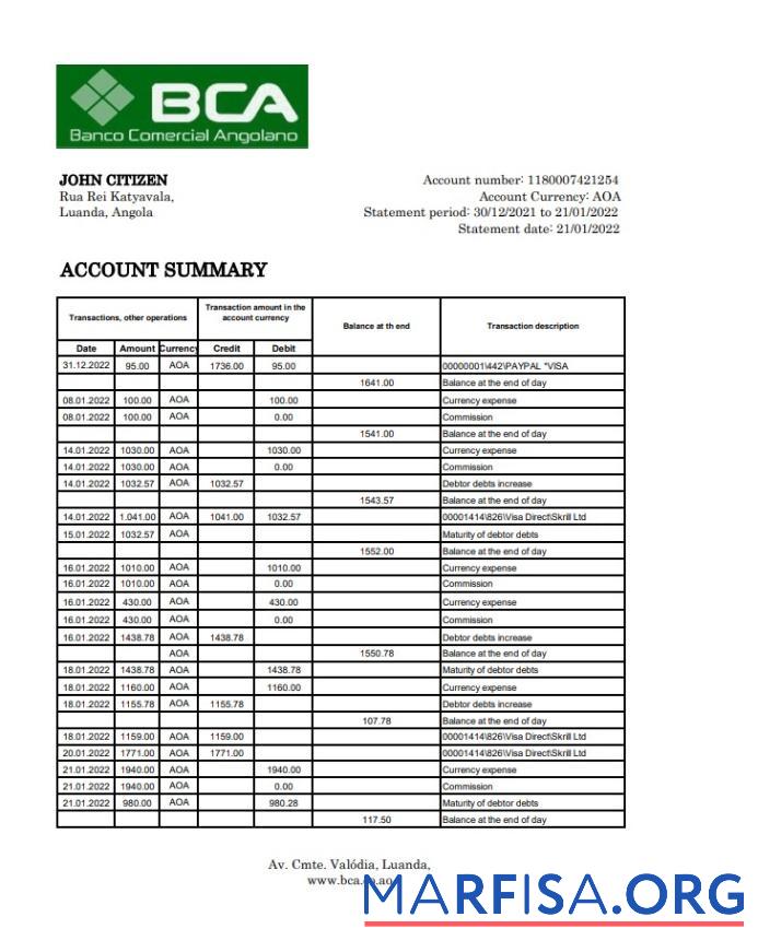 Printable Angola Banco Comercial Angolano bank statement excel download for verification